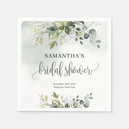 ユーカリ緑金ゴールドブライダルシャワーナプキン スタンダードカクテルナプキン (正面)