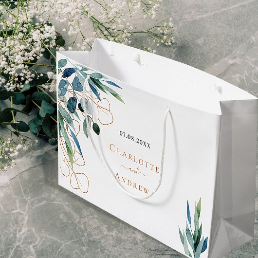 ユーカリ緑金ゴールドモノグラム結婚の ラージペーパーバッグ