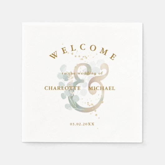 ユーカリ緑金ゴールド結婚アンパサンド スタンダードカクテルナプキン (正面)