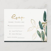 ユーカリ緑金箔葉結婚式RSVP エンクロージャーカード (正面)