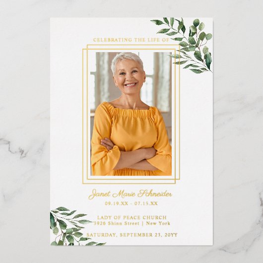 ユーカリ緑 |葬儀記念写真 箔招待状 (正面)