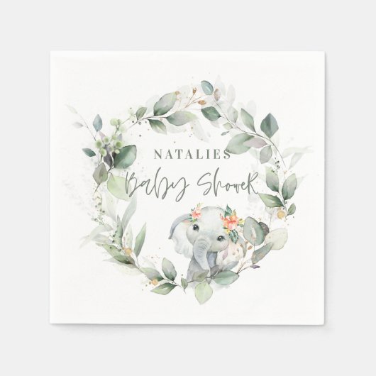 ユーカリ聖体緑色かわいいゾウの赤ちゃんシャワー スタンダードカクテルナプキン (正面)
