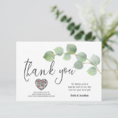 ユーカリ葉のスクリプトフォトQRコードありがとう サンキューカード (スタンド正面)