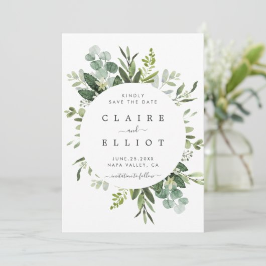 ユーカリ葉の円フレーム日付カードを保存 セーブザデート (スタンド正面)