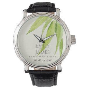 ユーカリ葉の葉の日付のギフトを結婚保存する 腕時計