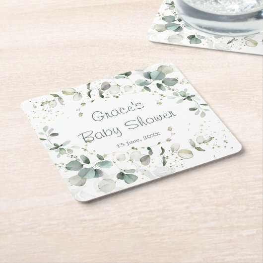 ユーカリ葉の赤ちゃんシャワー スクエアペーパーコースター (アングル)