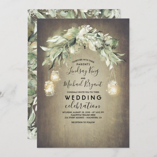 ユーカリ葉グリー素朴カントリー結婚式 招待状 (正面/裏面)