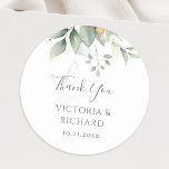 ユーカリ葉グリー金ゴールドズ結婚サンキュー ラウンドシール<br><div class="desc">美しい結婚の感謝ユーカリと金ゴールドの水色のステッカー葉は。</div>