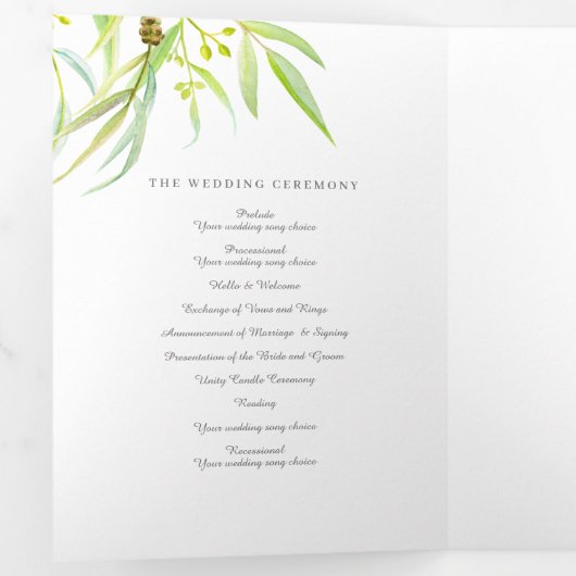 ユーカリ葉スの水色の緑の結婚写真 三つ折りプログラム (内部最初)