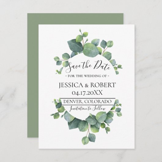 ユーカリ葉スウェディング日付を保存 セーブザデート (正面/裏面)