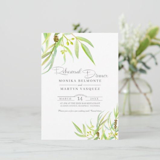 ユーカリ葉スウォーター色のリハーサルディナー 招待状 (スタンド正面)