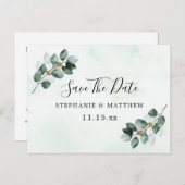 ユーカリ葉スエレガントな結婚式の日付を保存 案内ポストカード (正面/裏面)