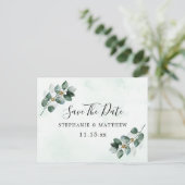 ユーカリ葉スエレガントな結婚式の日付を保存 案内ポストカード (スタンド正面)
