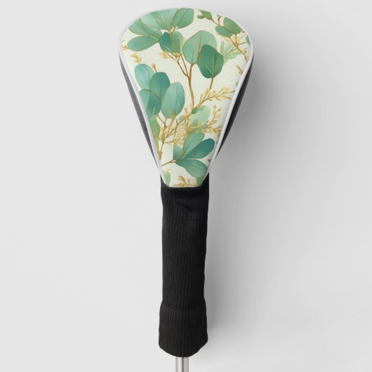 ユーカリ葉スグリーンアンド金ゴールドデザイン ゴルフヘッドカバー (正面)