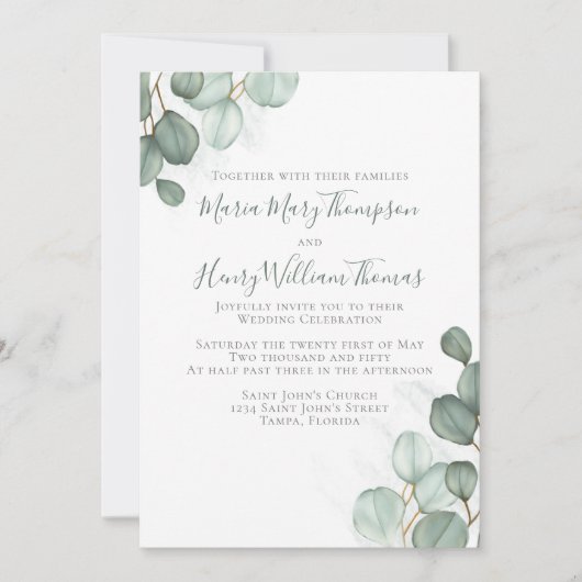 ユーカリ葉スミニマリスト水の色エレガント 招待状 (正面)