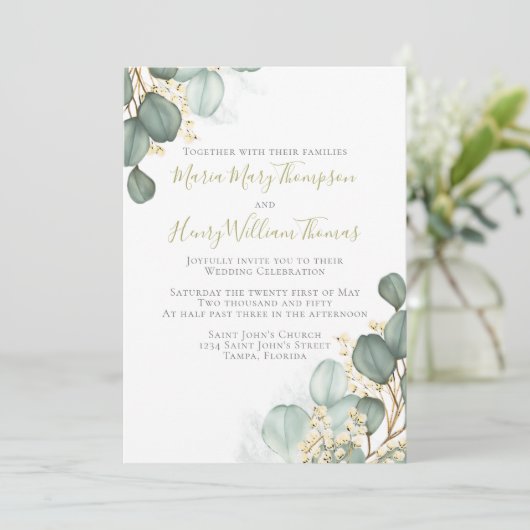 ユーカリ葉スミニマリスト水の色エレガント 招待状 (スタンド正面)