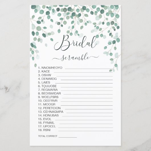 ユーカリ葉スワードスクランブルブライダルシャワーゲーム (正面)