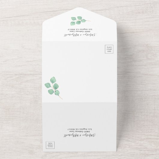 ユーカリ葉ス幾何の水結婚色の オールインワン招待状 (外側)