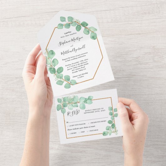 ユーカリ葉ス幾何の水結婚色の オールインワン招待状 (貼ってはがせる)