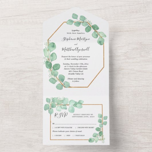 ユーカリ葉ス幾何の水結婚色の オールインワン招待状 (内側)