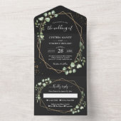 ユーカリ葉ス幾何ブラック金ゴールド結婚ズ オールインワン招待状 (内側)