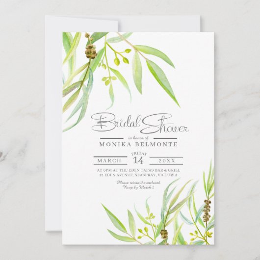ユーカリ葉ス水カラーブライダルシャワー 招待状 (正面)
