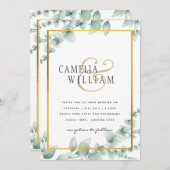 ユーカリ葉ス結婚の緑の金ゴールドQRコード 招待状 (正面/裏面)