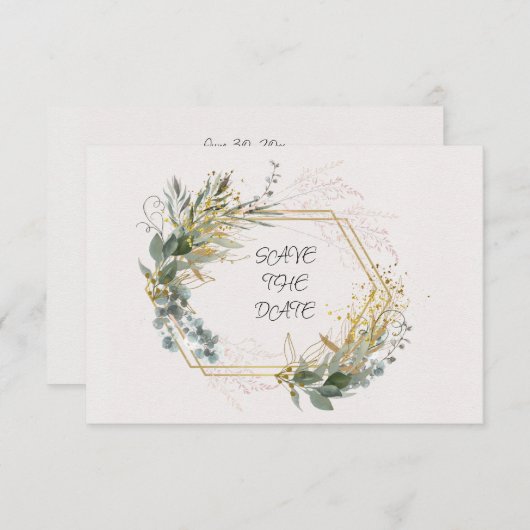 ユーカリ葉ス金ゴールドアクセントとフレーム セーブザデート (正面/裏面)