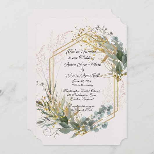 ユーカリ葉ス金ゴールドアクセントとフレーム 招待状 (正面/裏面)