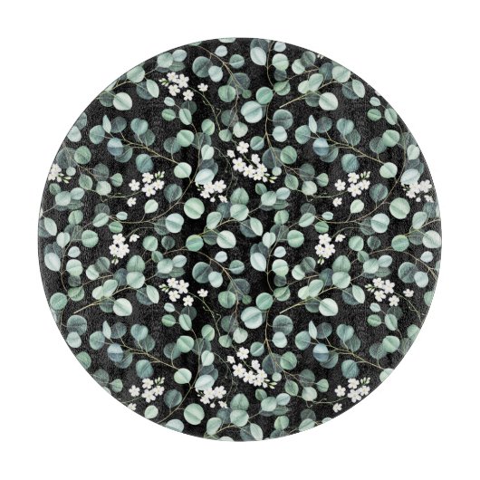 ユーカリ葉ス：白い花模様 カッティングボード (正面)