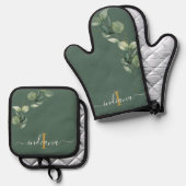 ユーカリ葉モノグラムエレガント脚本 鍋つかみ&鍋敷きセット (正面/裏面)