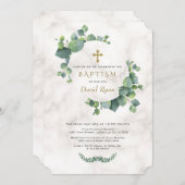 ユーカリ葉リースクロスマーブルバプテスマ 招待状 (正面/裏面)