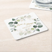 ユーカリ葉葉金ゴールド結婚ズ スクエアペーパーコースター (アングル)