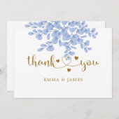 ユーカリ葉金ゴールドダスティブルー結婚ズ サンキューカード (正面/裏面)