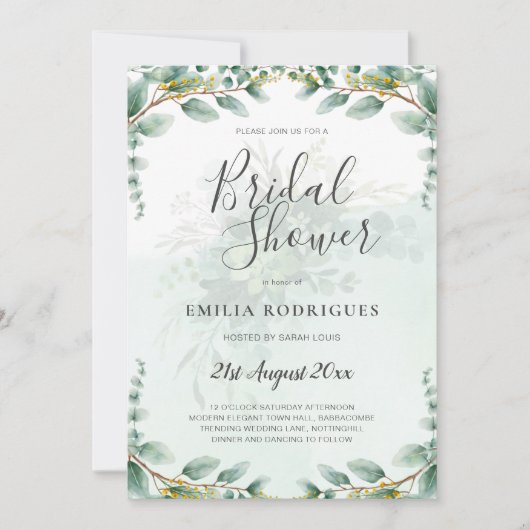 ユーカリ葉金ゴールドブライダルシャワー招待状 招待状 (正面)