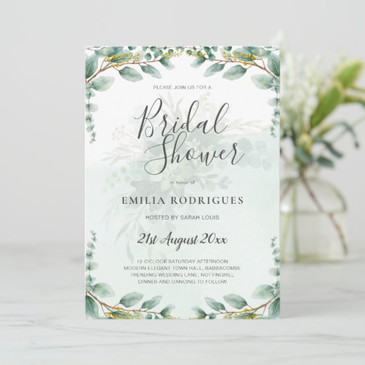 ユーカリ葉金ゴールドブライダルシャワー招待状 招待状 (スタンド正面)