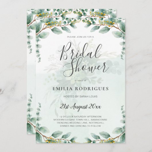 ユーカリ葉金ゴールドブライダルシャワー招待状 招待状 (正面/裏面)