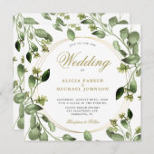 ユーカリ葉金ゴールド枠モノグラム結婚の 招待状 (正面/裏面)