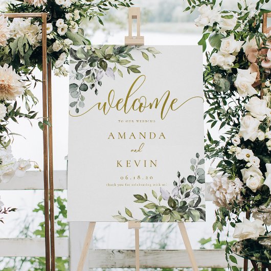 ユーカリ葉金ゴールド歓迎結婚のサイン ポスター