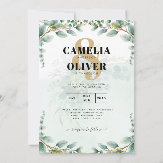 ユーカリ葉金ゴールド結婚のQRコード予算 招待状 (正面)