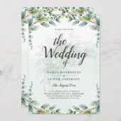 ユーカリ葉金ゴールド結婚のQRコード予算 招待状 (正面/裏面)