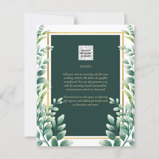 ユーカリ葉金ゴールド結婚のQRコード招待状RSVP (裏面)