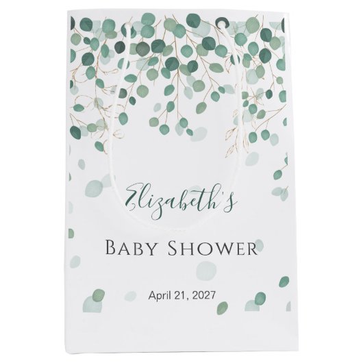 ユーカリ葉金ゴールド葉赤ちゃんシャワー媒体 ミディアムペーパーバッグ (正面)