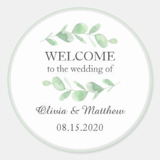 ユーカリ葉。ウッドラシンプルンド結婚の歓迎 ラウンドシール
