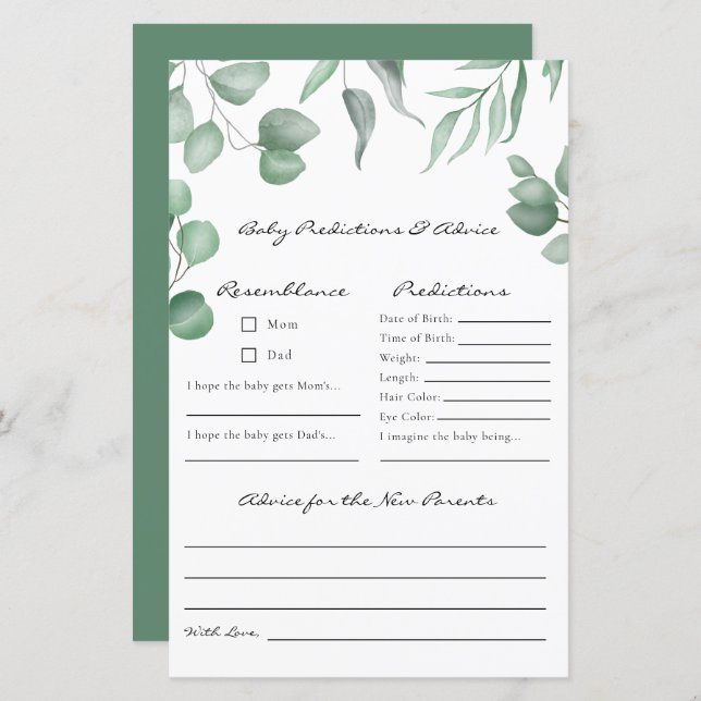 ユーカリ赤ちゃんシャワーゲームの予測とアドバイス (正面/裏面)