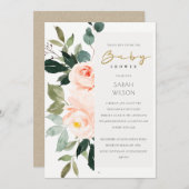 ユーカリ赤面バラピンクベビーシャワー招待状 サンキューカード (正面/裏面)