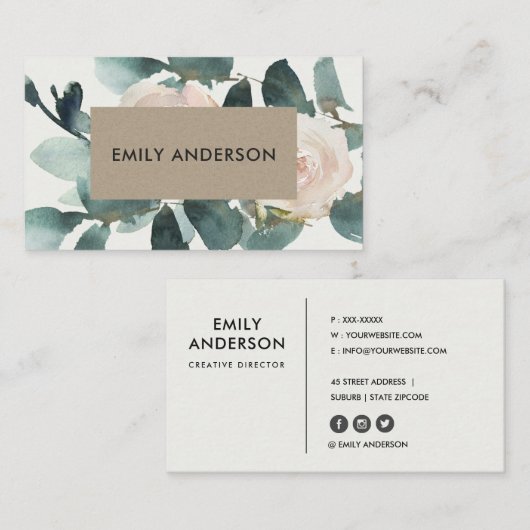 ユーカリ赤面バラ牡丹クラフト動物群水彩 名刺 (正面/裏面)
