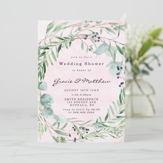 ユーカリ赤面ピンクウェディングシャワー招待状 (スタンド正面)