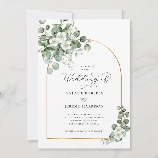 ユーカリ金ゴールドアーチQRコードすべて結婚の 招待状 (正面)