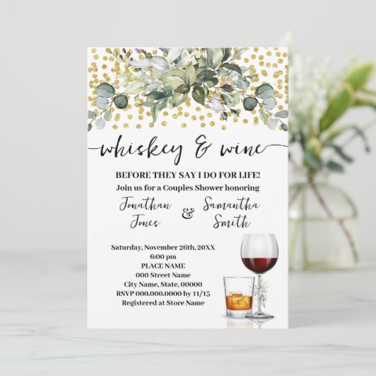 ユーカリ金ゴールドウイスキーとワインカップルのシャワー 招待状 (スタンド正面)